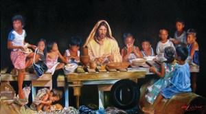 A Filipino painitng of Jesus breaking bread with children.