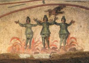 "The Three Men in the Fiery Furnace" -  3rd Century wall painting discovered in the Priscilla Catacomb, Rome