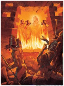 God enters our suffering. (Shadrach, Meshach, and Abednego in the Fiery Furnace by William Maughan, 1985)